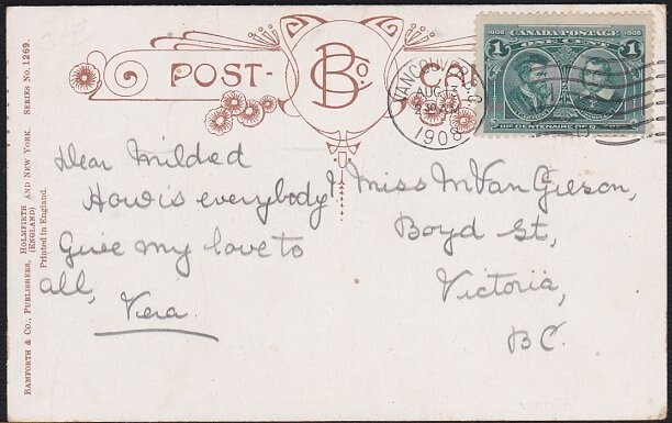 CANADA 1908 1c Quebec Centenary on Bamforth postcard ex Vancouver..........C1335