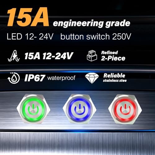 15Amp Push Button Switch，(0.866") 12V-24V Latching Push Button 22mm green