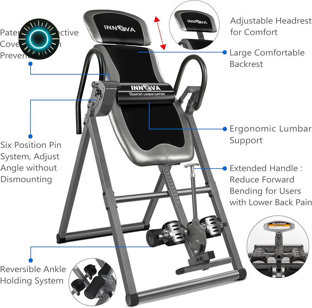 Innova Inversion Table with Adjustable Headrest Reversible Ankle Holders 300 lb