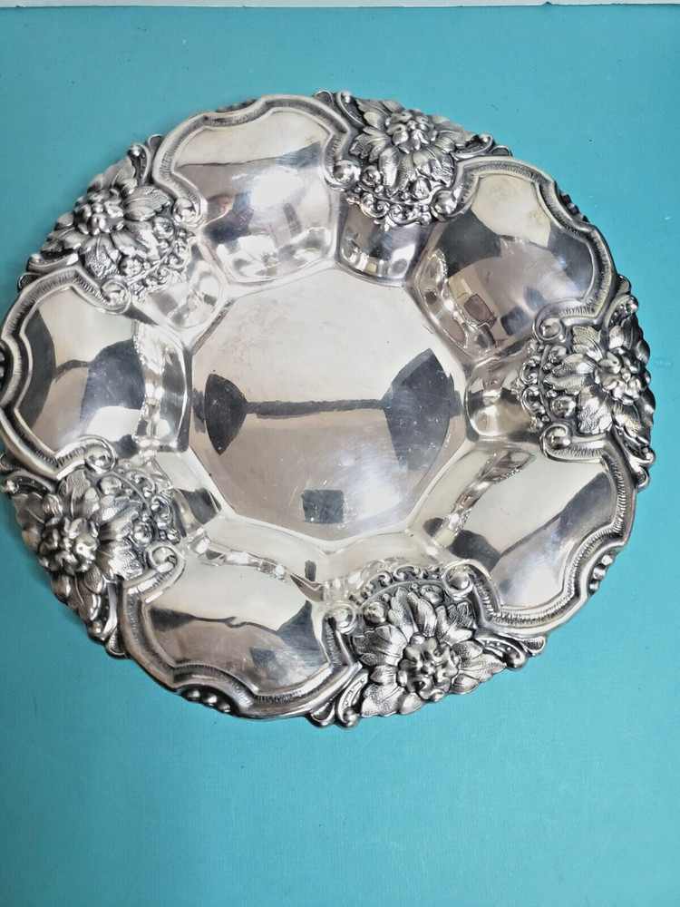 SILVER PLATE BOWL WITH GRAPE DESIGN