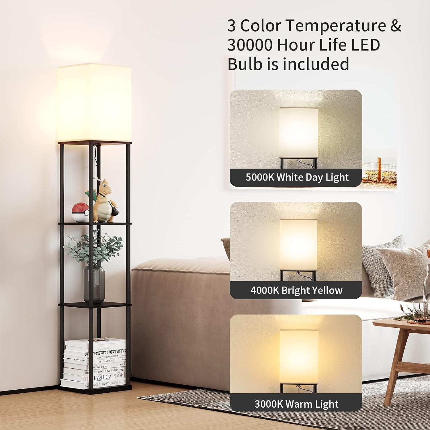 Floor Lamp with Shelves, Modern Square Standing Lamp & 3 Color Temperature Bulb