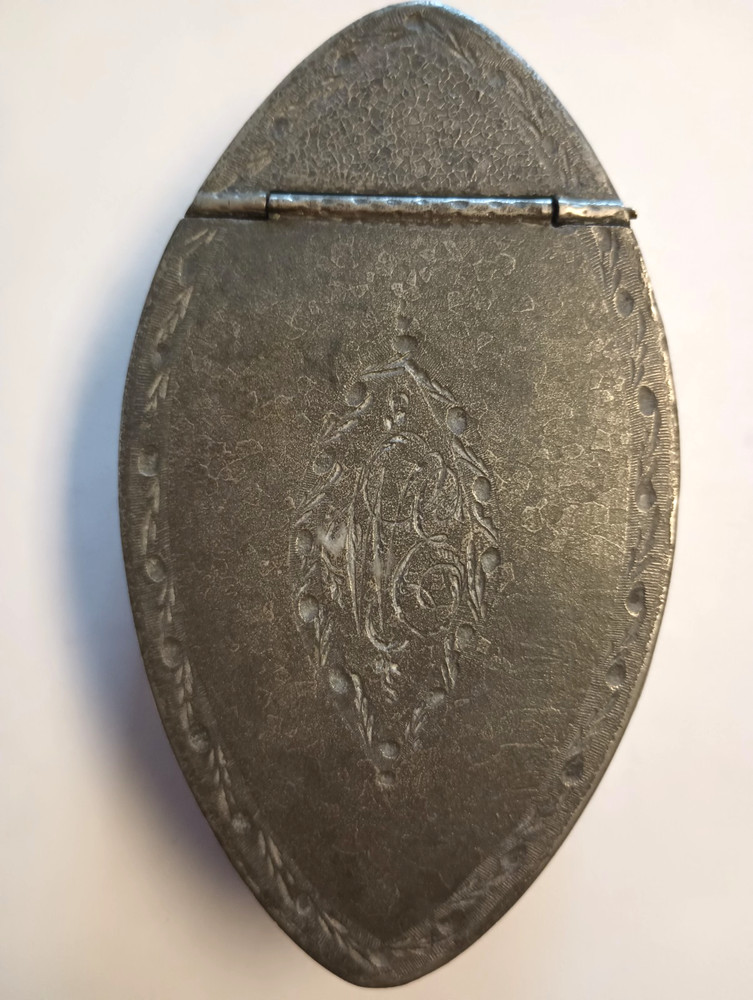 Antique Pewter Snuff Box Hinged Monogram Etched Decorated