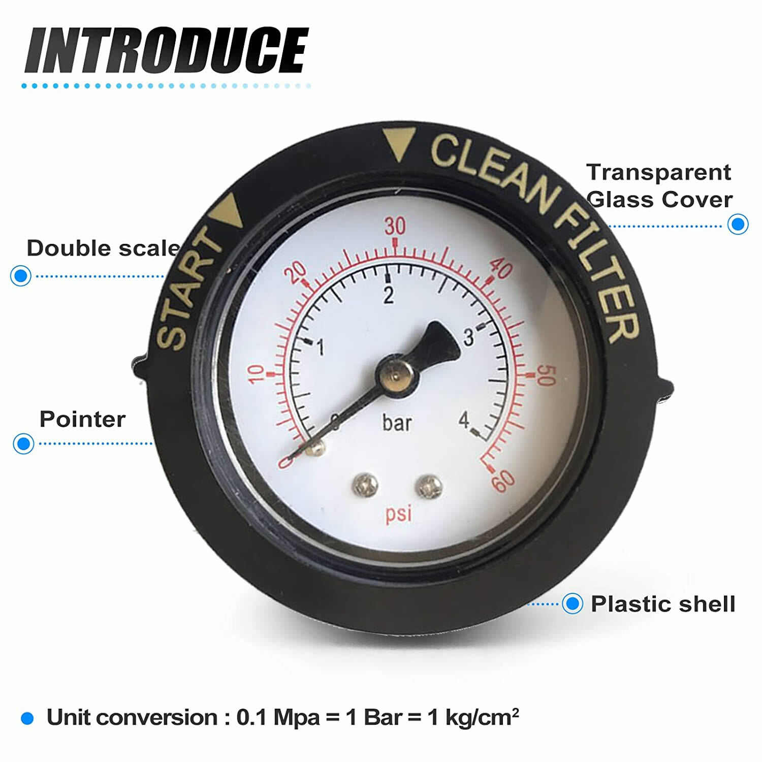 Pressure Gauge 0-60 PSI for Pentair and Hayward Pool Filter Back Mount