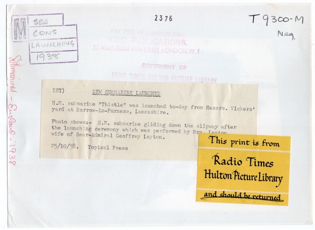 1938 Royal Navy Submarine HMS Thistle Barrow-in-Furness Lancashire News Photo