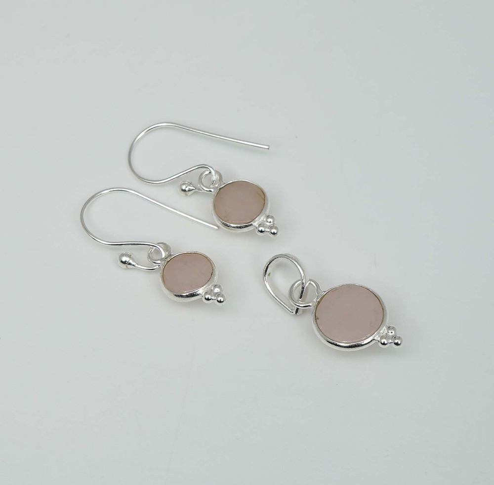 925 Solid Sterling Silver Pink Rose Quartz Hook Earring Pendant Set