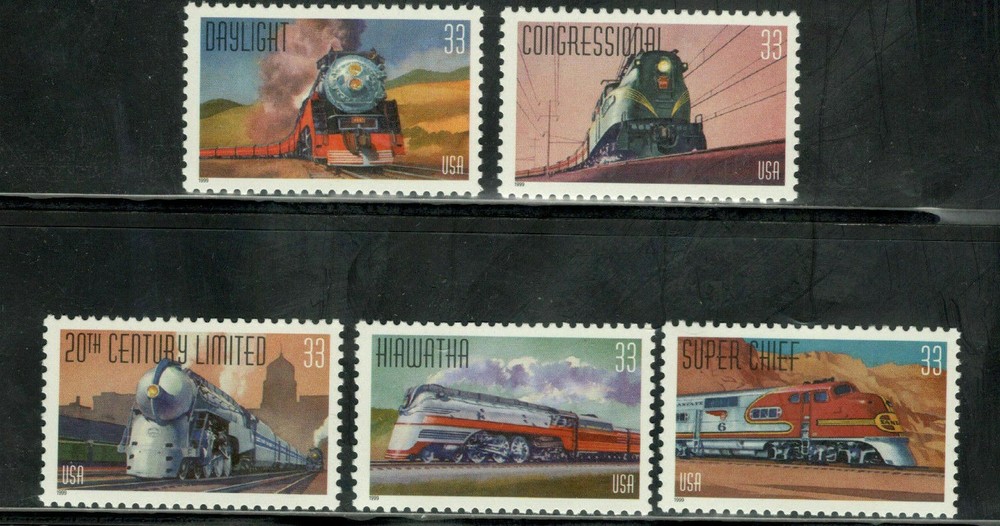 US, #3333-37 All Aboard set, 1999, 5 33c, MNH