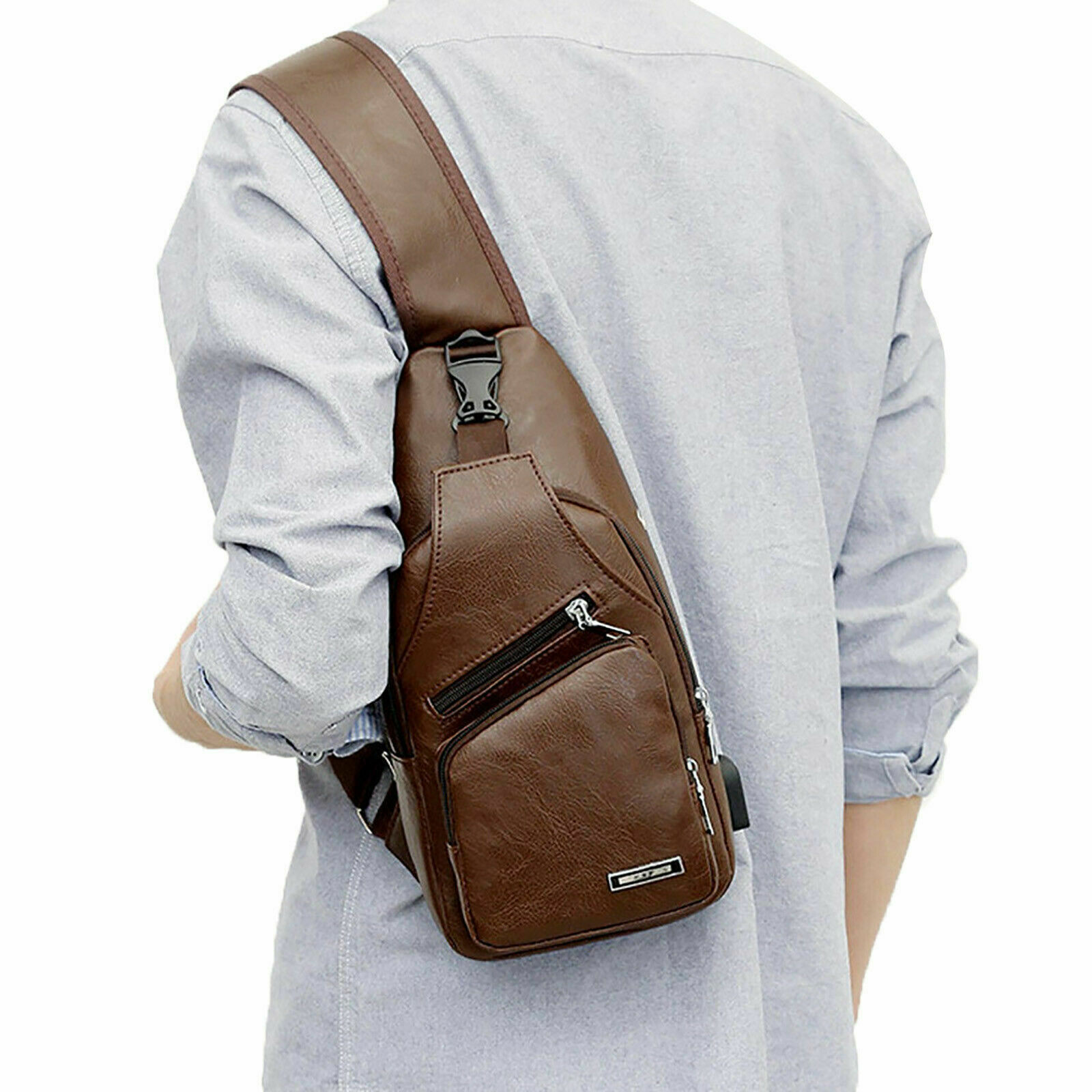 Mens Sling Backpack PU Leather Cross Body Chest Bag Fanny Packs USB Charging NEW