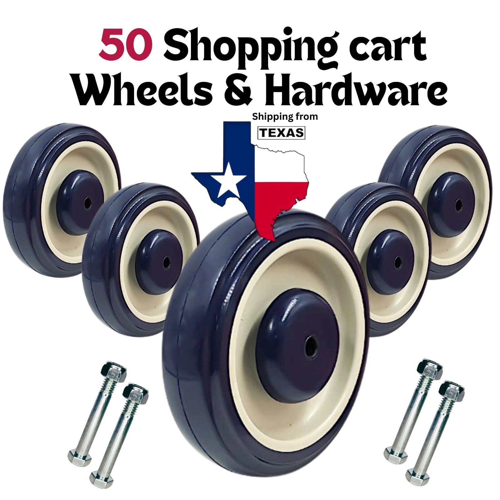 Box with 50 pcs 5" Diameter wheels for Shopping Cart Nuts and Bolts included