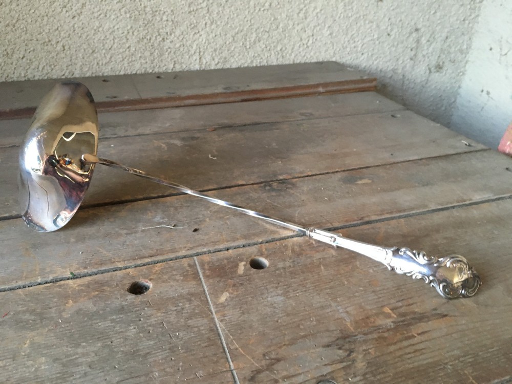 Gigantic Ladle Twisted Handle Heavily Embossed End Floral Silver Plate Bent 17"