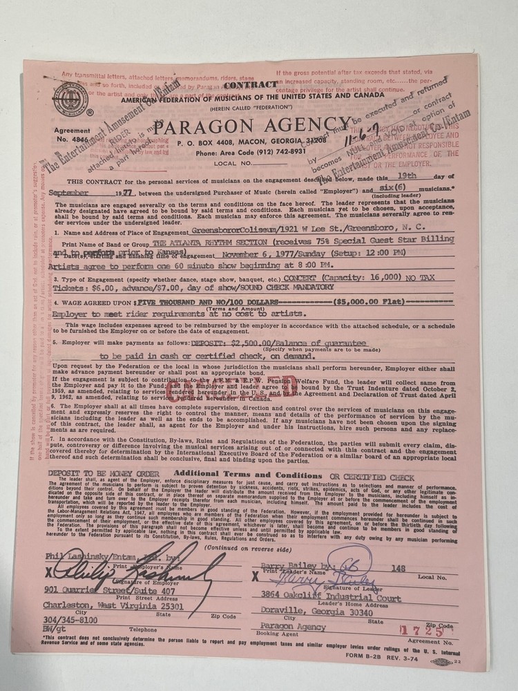 The Atlanta Rhythm Section Cancelled Concert Contract 1977 Greensboro NC