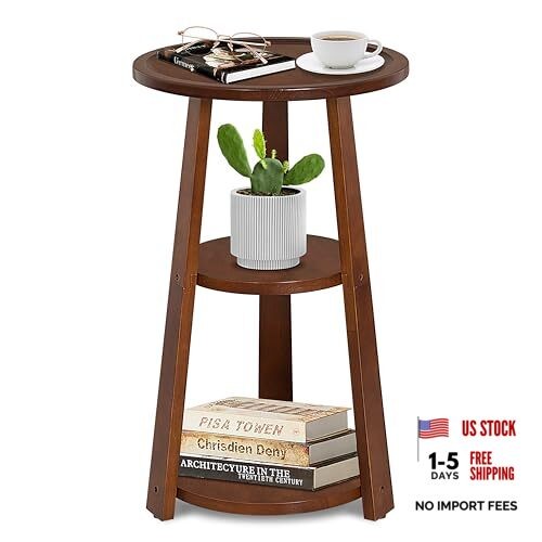 3-Tier Round Side Table, Solid Wood End Table & Nightstand for Small Red Brown
