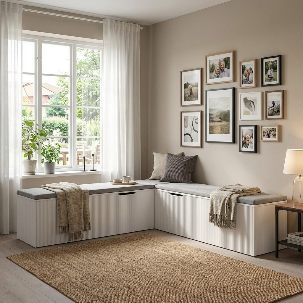 L-Shaped Storage Bench, Kitchen Breakfast Nook with Cushion & Hidden Storage