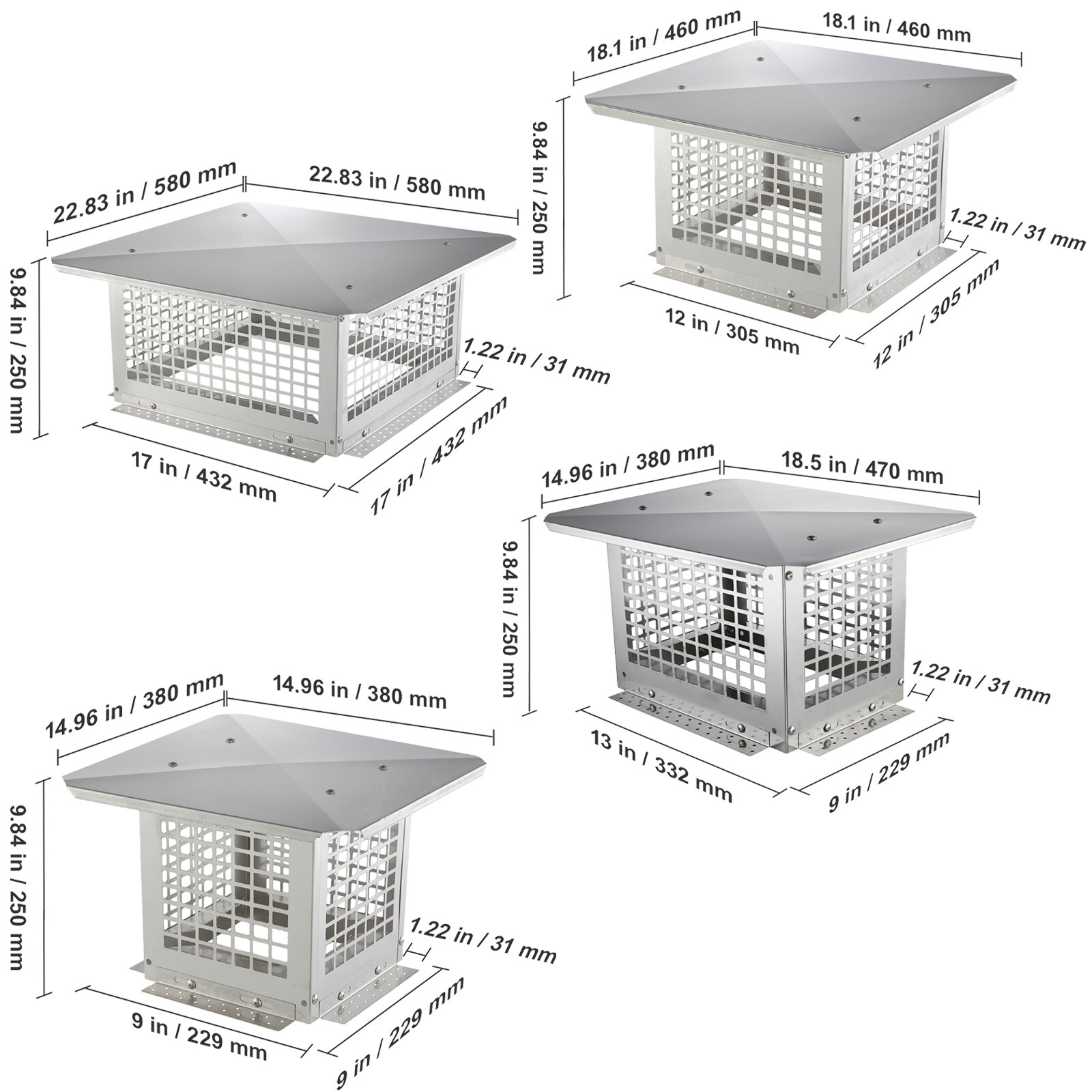 VEVOR Chimney Cap 9x9/12x12/13x9/17x17in 304Stainless Steel Fireplace Flue Caps