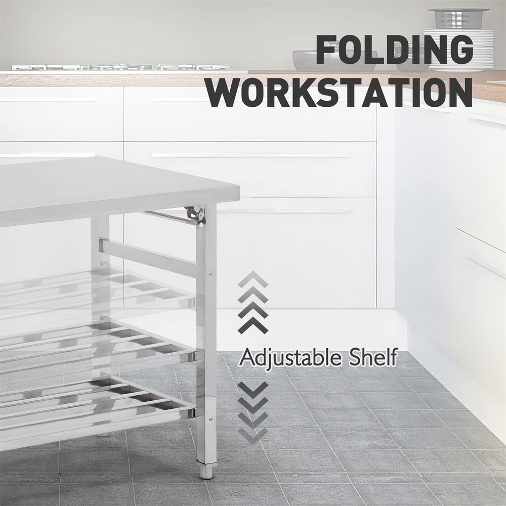 48 x 24 Inch Stainless Steel Folding Table for Prep & Work Undershelf Prep Table