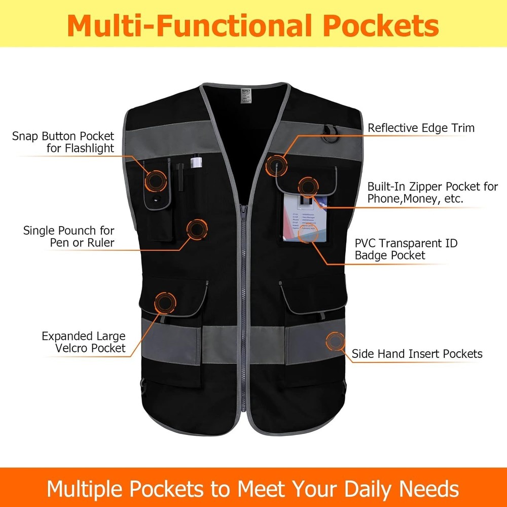 Durable Black Reflective Vest - 9 Multi-Functional Pockets for Enhanced Safety