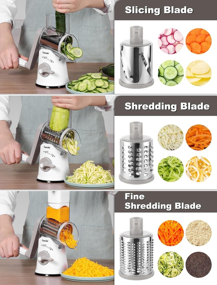 Rotating cheese grater with 5 interchangeable blades—