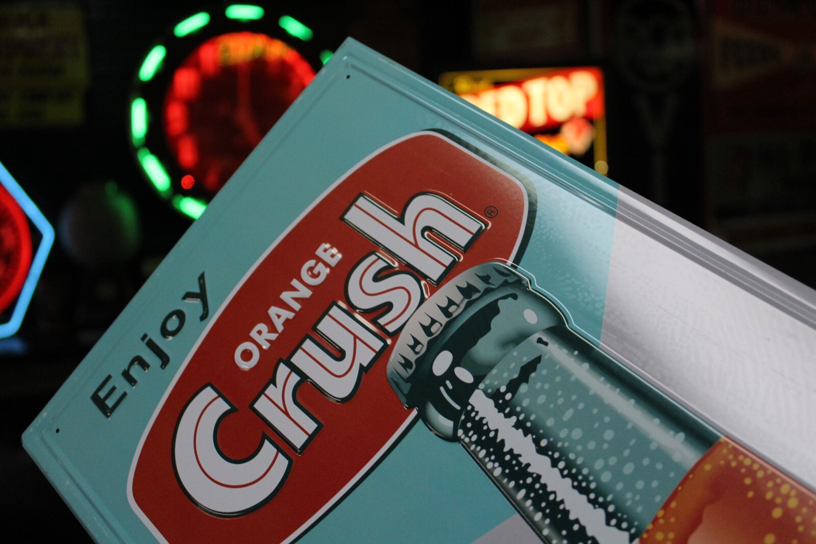 RARE ENJOY ORANGE CRUSH SODA POP VERTICAL EMBOSSED METAL SIGN BOTTLE STORE GAS