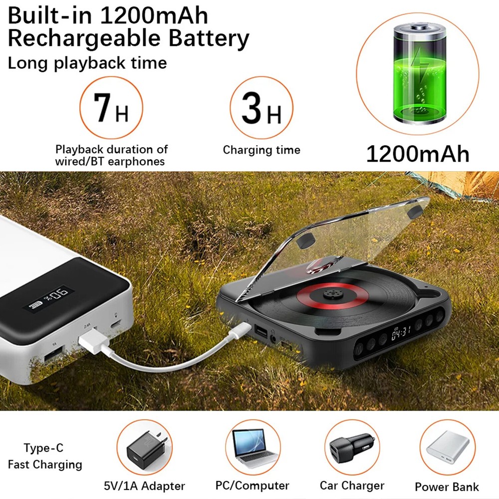 CD Player Portable Music Player Runner A-B Repeat Timer for Home Bluetooth