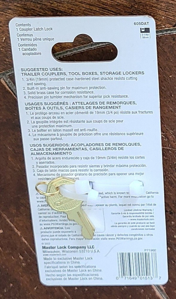 MASTER LOCK Solid Brass Trailer Coupler Latch Lock w/2 Keys & 3/4" Dia. #605DAT