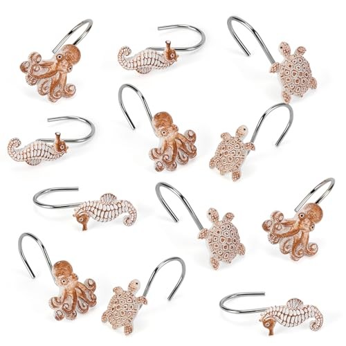 Seashell Shower Curtain Hooks, 12Pcs Decorative Anti Turtle Starfish Octopus