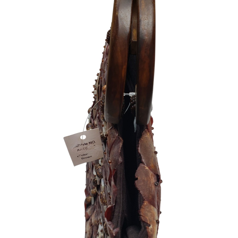 New With Tags Coconut Shell Large Rectangular Purse Handmade Wooden Handles Zip