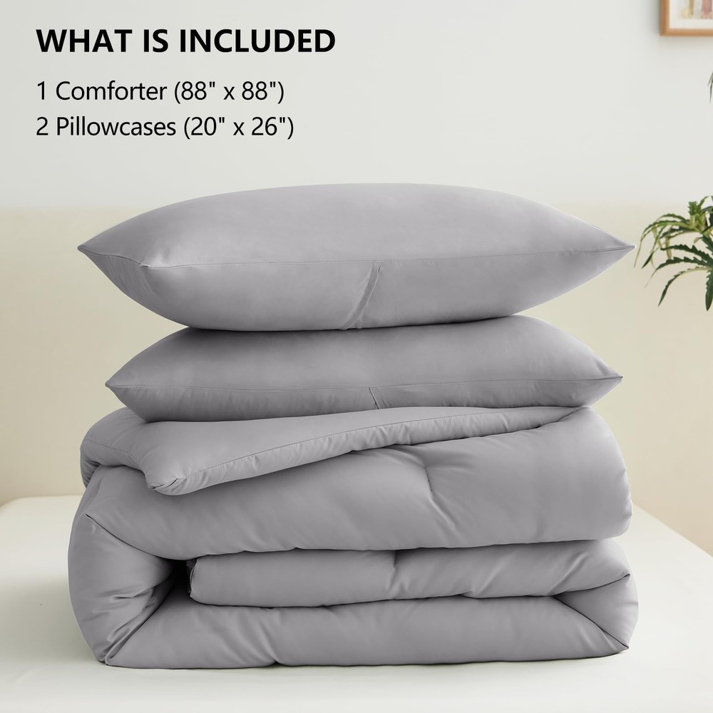 CozyLux Queen Comforter Set Grey, 3 Pieces Solid Comforters Queen, Grey