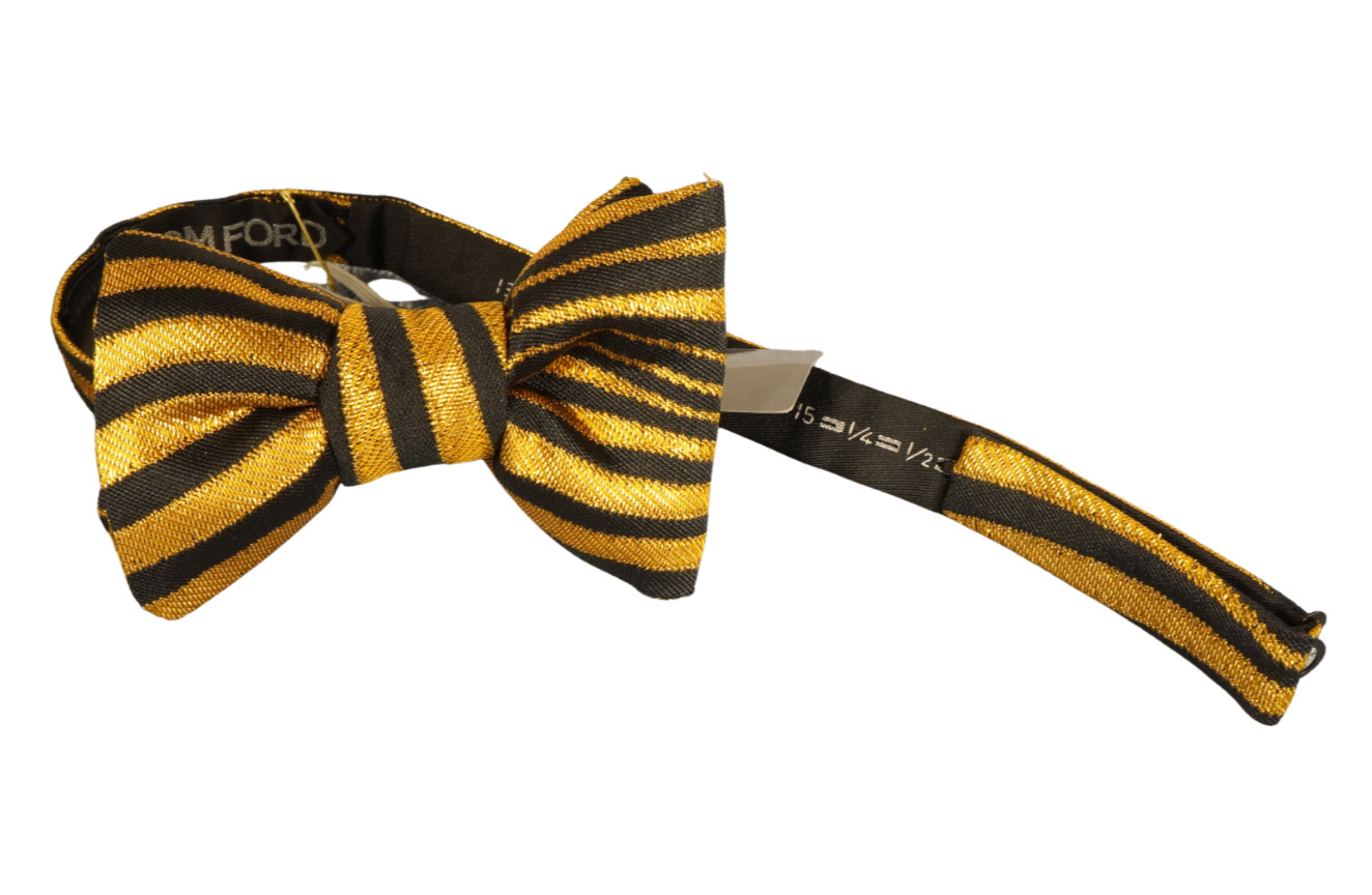 NWT TOM FORD Gold & Black Striped Pre-Tied Bow Tie ITALY 4.5 "x 3"
