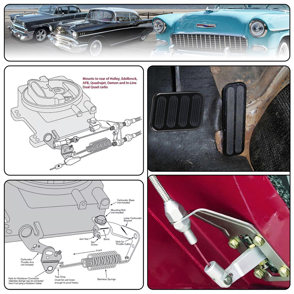 Floor Mount Gas Pedal + 24" SS Throttle Cable & Bracket Spring Set Street Rod