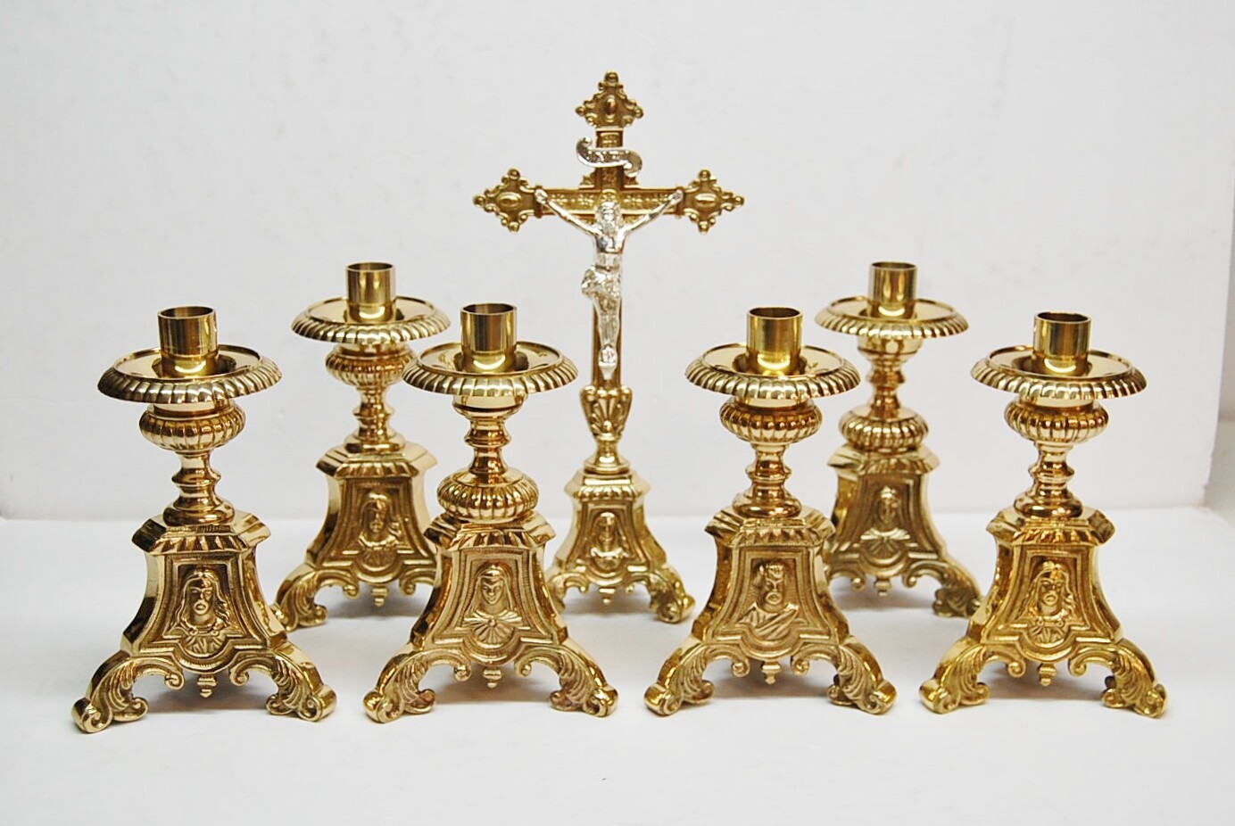 SET OF 6 SHORT 6" BRASS JMJ ALTAR CANDLE STICKS & ALTAR CROSS - 175sh