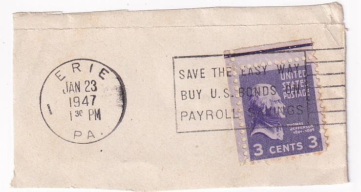 STAMP US SCOTT 807 "Jefferson" 3 CENT 1938 USED ON PAPER - E