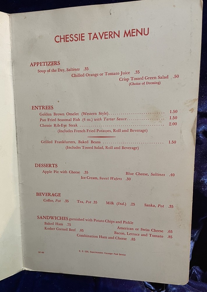 CHESSIE 1966 Train Menu. Black Cover.