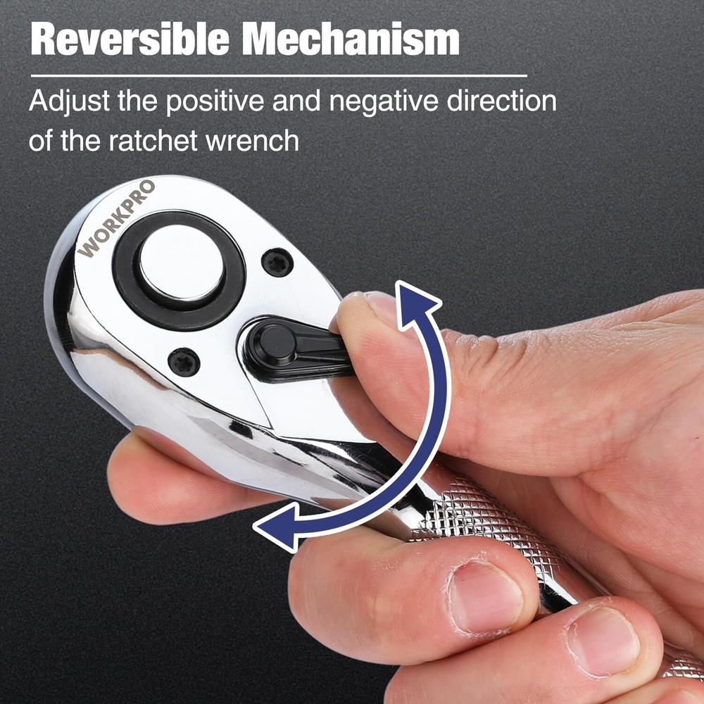 WORKPRO 3PC Stubby Ratchet Set Quick Release 1/4" 3/8" 1/2" Drive Ratchet Handle