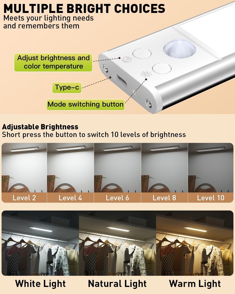 Under Cabinet Lighting, Rechargeable Motion Sensor Light Indoor, 4 Pack Magne...