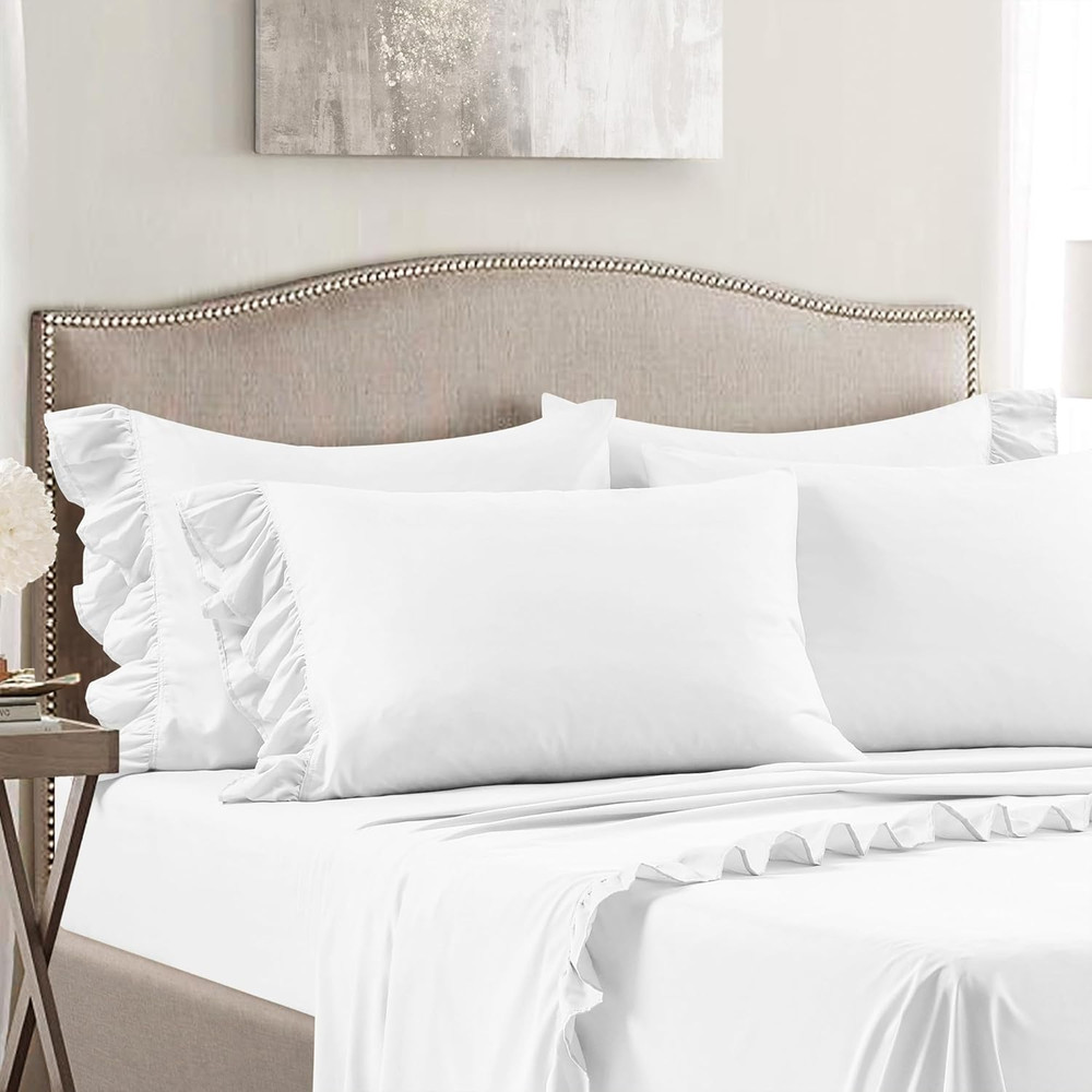 Reyna Ruffle Sheet Set 6 Piece Set Queen, White -Queen Sheets - White Bed Sheets