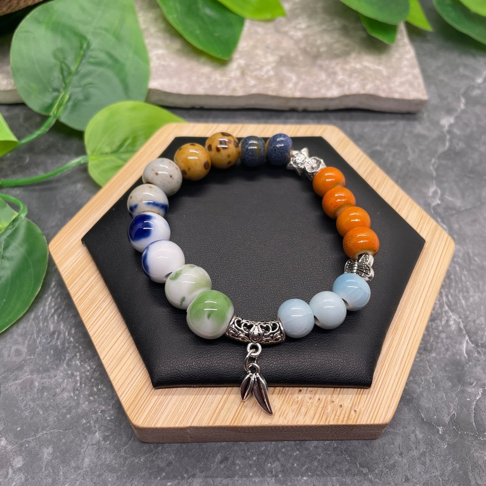 Handmade Ceramic Bead Beaded Stackable 6.25” Plus Stretch Bracelet New B616