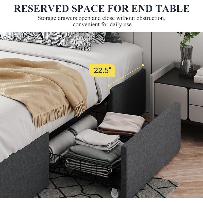 Modern Metal Bed Frame W/ Storage Drawers Customizable Headboard Easy Assembly