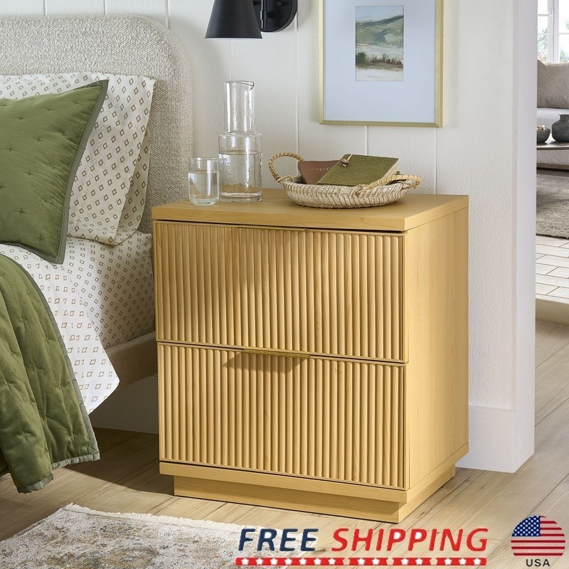 Fluted 2-Drawer Nightstand W/ USB Charging Natural Pine Bedside Table Storage