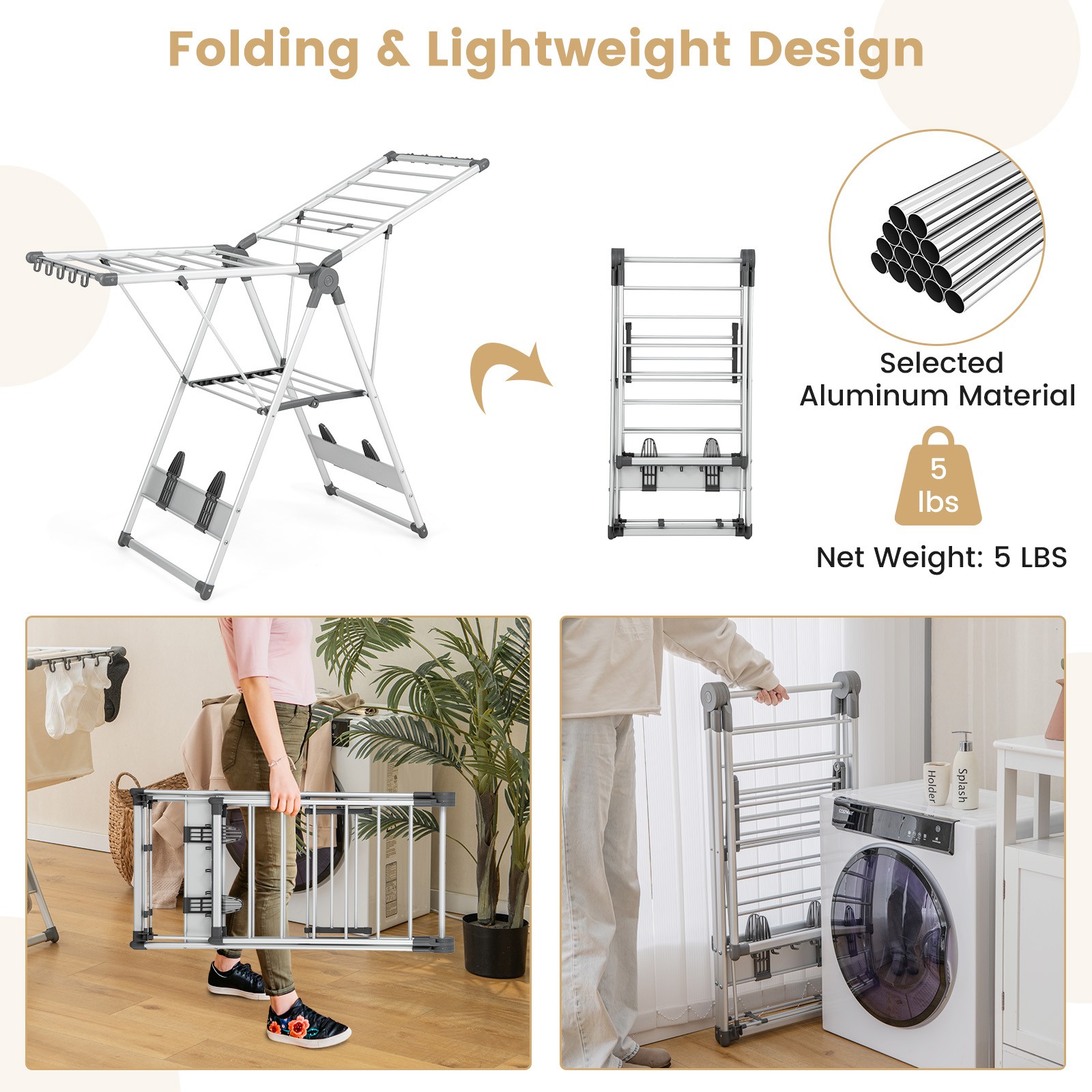2-Tier Aluminum Collapsible Laundry Clothes Drying Rack w/ Anti-Slip Foot Pads