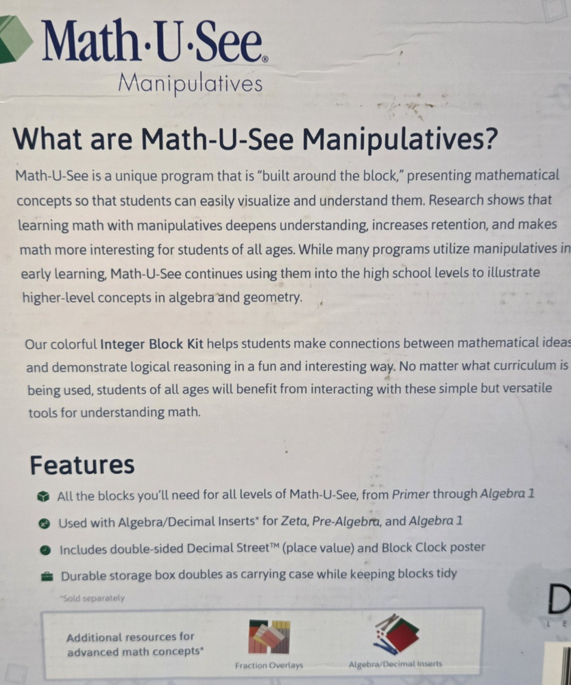 Math-U-See Manipulatives Integer Block Kit Educational Algebra Learning w/ Box