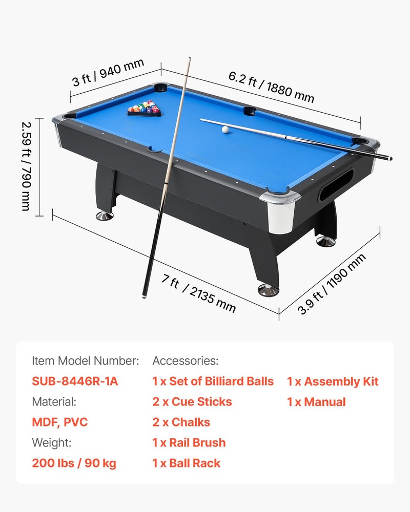 VEVOR 7 ft Billiards Table Portable Pool Tables Game Set Bule Cloth Adjustable