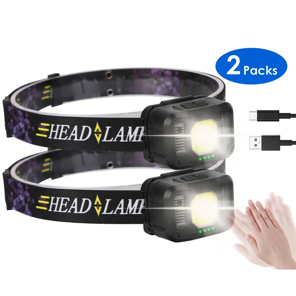 2x Rechargeable COB LED Head Lamp Flashlight Motion Sensor Headlamp 6 Light Mode