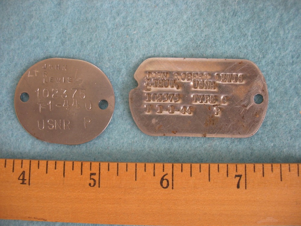 Original odd WWII pair USN Officers Lt. John R. Lewis dog tags as found.