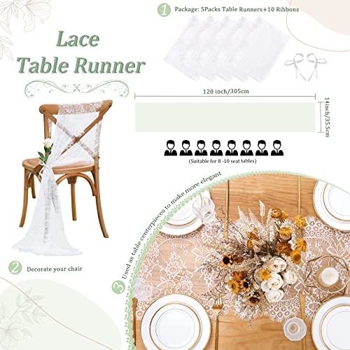 5 Packs Lace Table Runner 14x120 Inch Rustic Wedding White 5pcs Plain White