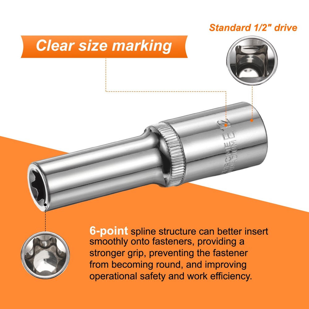 E-Torx Socket 1/2" Drive E12 Star 3.1" Length 6 Point Spline Socket