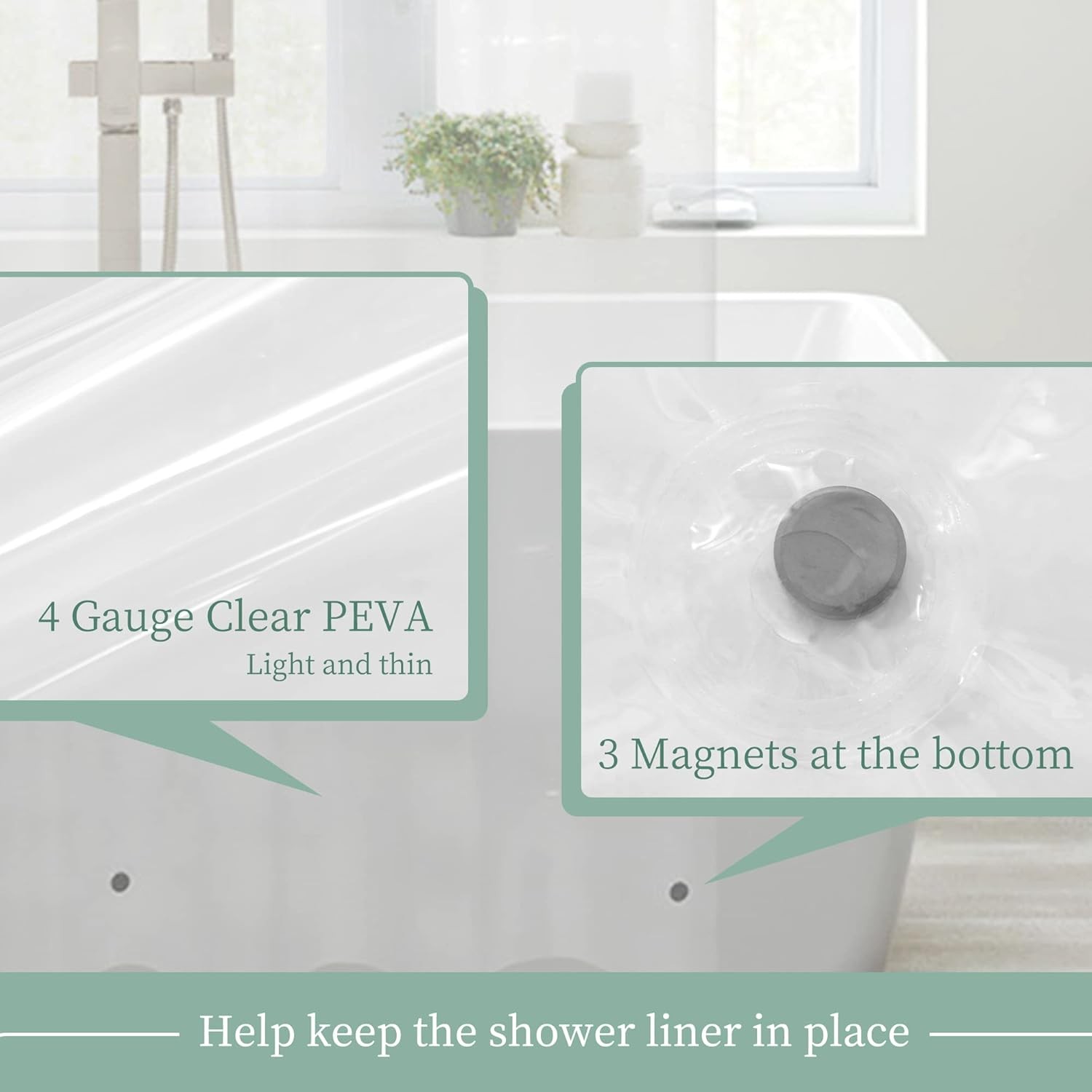Clear Shower Curtain Liner with 3 Magnets, 72x72 Premium Flexible Sturdy Plastic