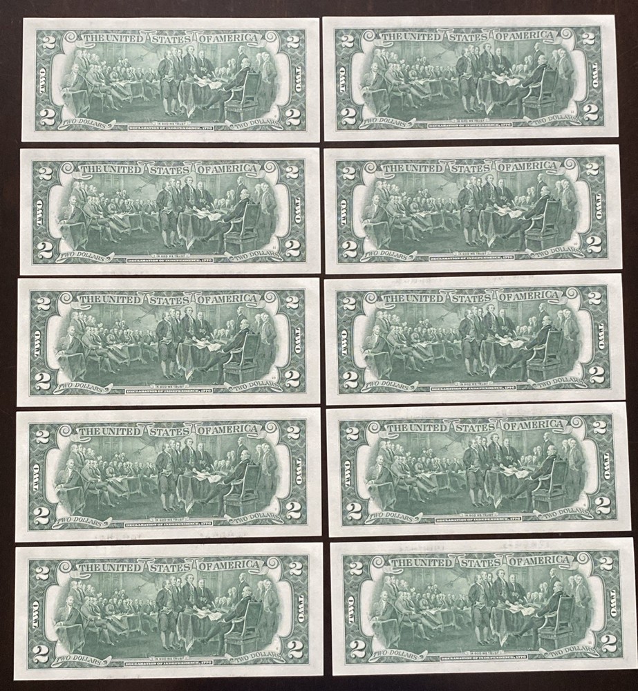 US 2017-A-$2 BILLS-UNCIRCULATED -(10) CONSECUTIVE SERIAL #’s- US BANK NOTES