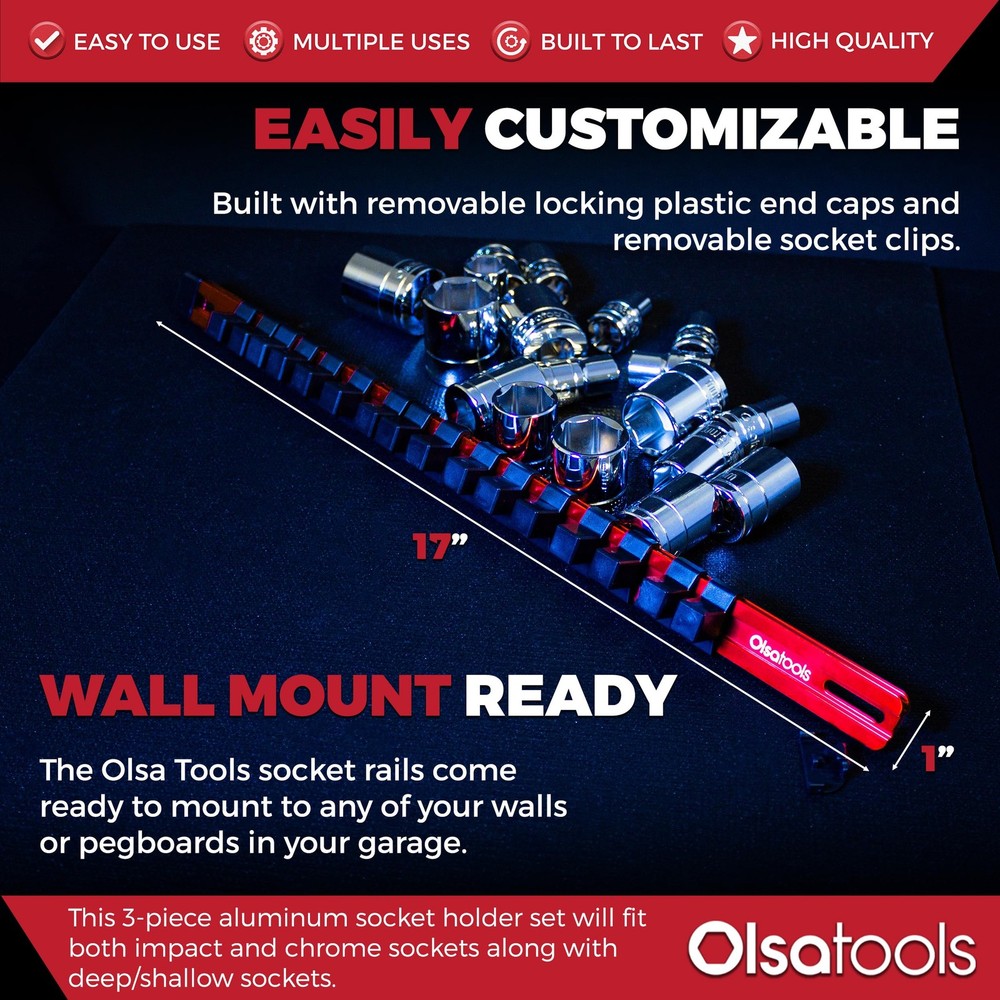 Olsa Tools 3-Pc Set Aluminum Socket Organizer | Locking End Caps | 1/4-Inch, ...