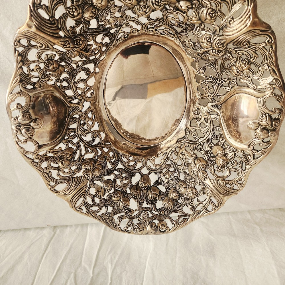 Silverplate Metal Centerpiece Bowl Intricate Pierced Openwork Design Roses