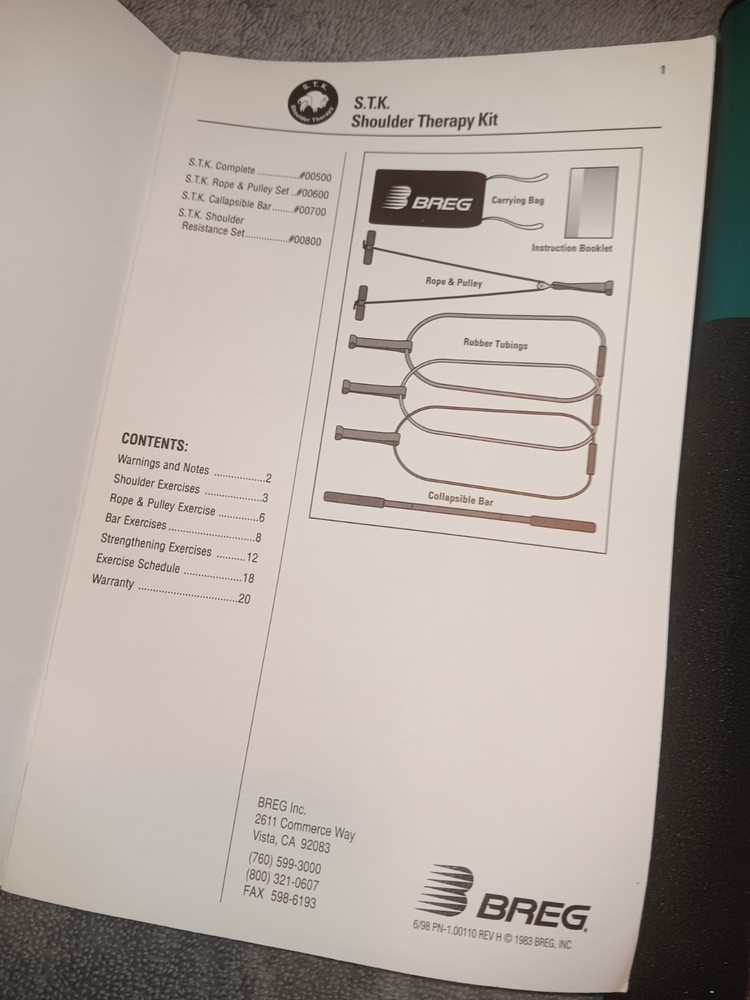 Breg Shoulder Exercise Kit with Instructions Missing Bar LH005G