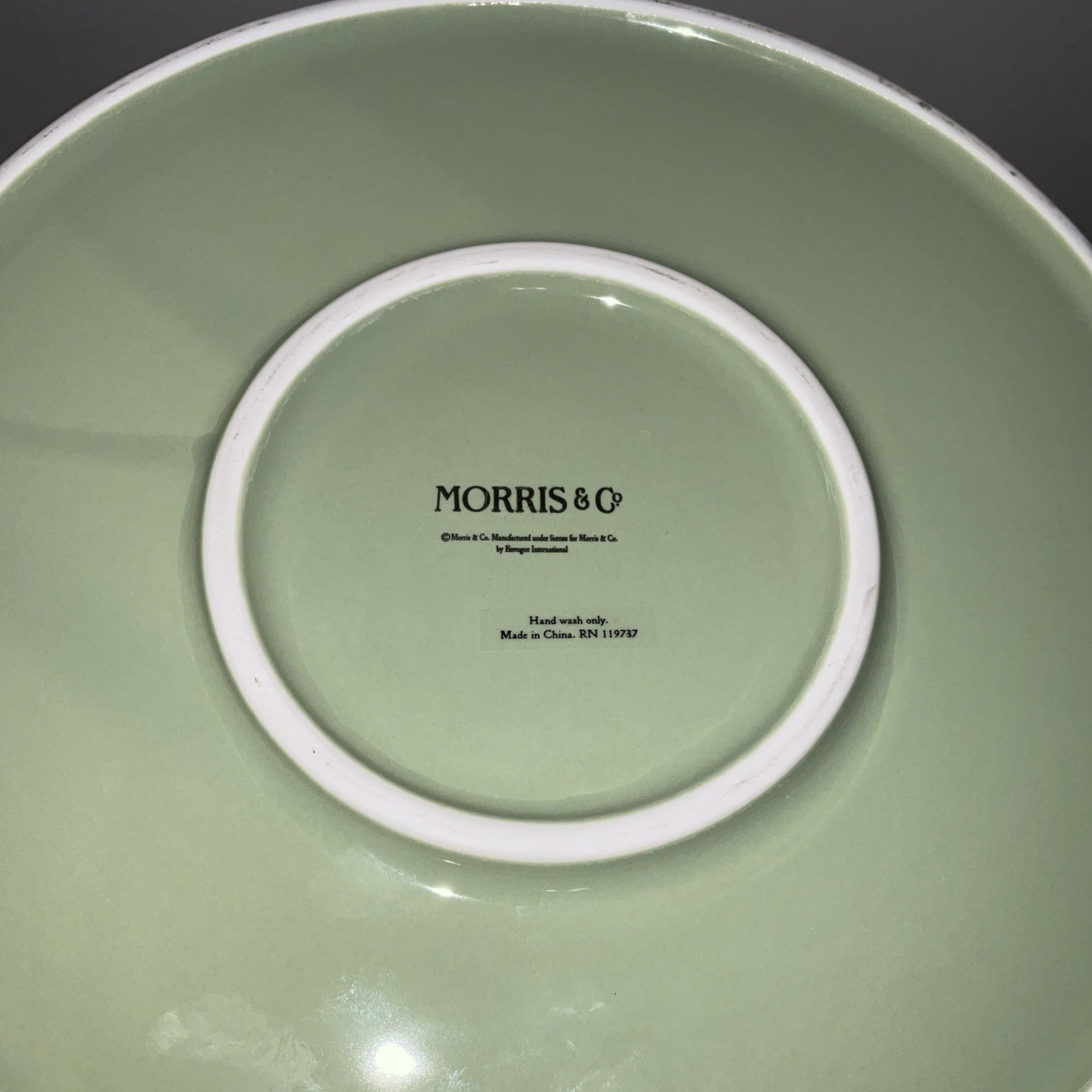 MORRIS & Co. GREEN WHITE ETCHED FLORAL 10x8 EVERTED RIM CERAMIC WASTEBASKET NWT